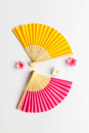 Asian hand fan made of bamboo and paperの写真素材