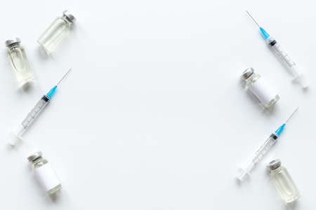 Medical vials with vaccine. Top view, copy spaceの写真素材