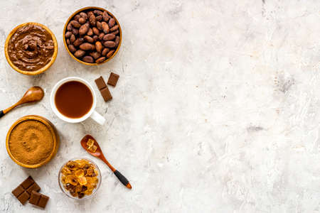 Coffee and cocoa beans and powder. Chocolate and coffee background