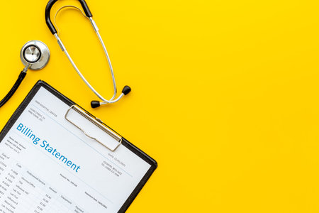 Medical billing statement with stethoscope. Top viewの写真素材