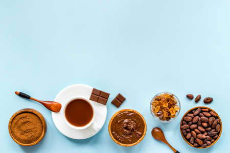 Coffee and cocoa beans and powder. Chocolate and coffee backgroundの写真素材
