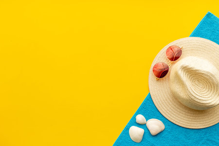 Tropical beach pattern with sraw hat with sunglasses. Top viewの写真素材