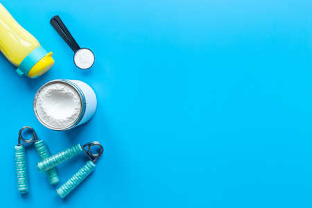 Whey protein powder and shaker with smoothie. Sport nutritionの写真素材