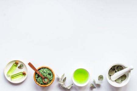 Herbal medicine and pharmacy. Eucalyptus essential oil, top viewの写真素材