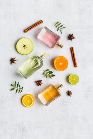 Set of perfume bottles with fragrance spaces and fruits