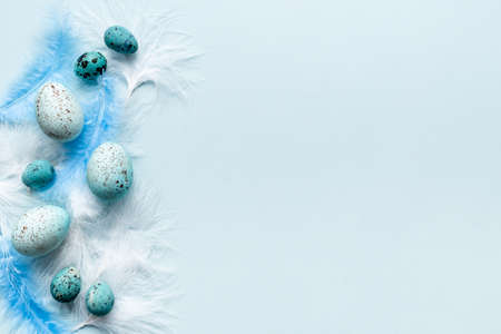 Layout of colorful Easter eggs and birds feather, top viewの写真素材