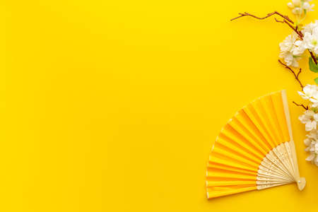 Blossom branches with asian hand fan. Top viewの写真素材