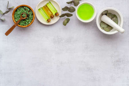 Herbal cosmetic product. Eucalyptus essential oil, top viewの写真素材
