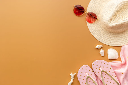 Tropical beach pattern with sraw hat with sunglasses. Top viewの写真素材