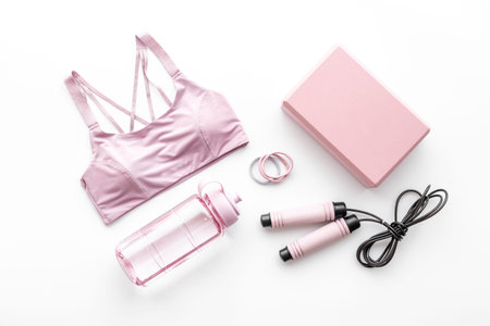 Sport fitness female training set with sportswear. Top view