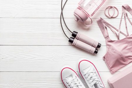 Layout fitness sport set with sport shoes clothing and equipmentの写真素材