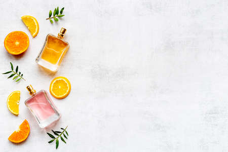 Perfumery cosmetics fragrance set. Perfume bottles top viewの写真素材