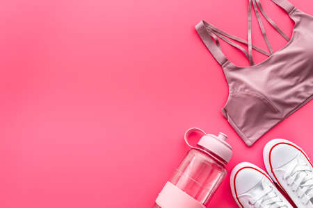 Layout fitness sport set with sport shoes clothing and equipmentの写真素材