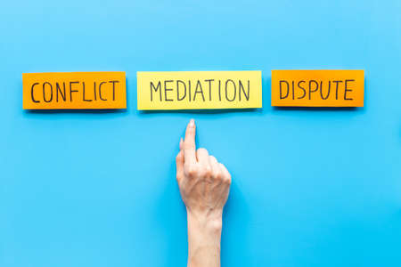 Mediation prosses in business. Word mediation on office table, top viewの写真素材