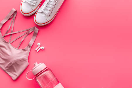 Female sport shoes clothing and equipment set. Layout, Top viewの写真素材