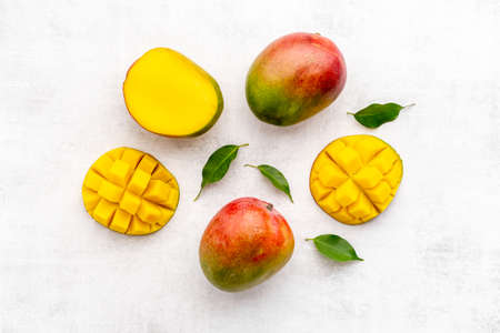 Mango layout - tropical fruits abstract backgroundの写真素材