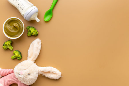 Vegetables and fruits food for baby with milk bottle