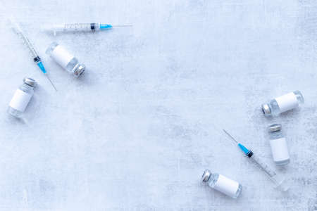 Medicine bottle for injection.  vaccine ampoules with syringeの写真素材