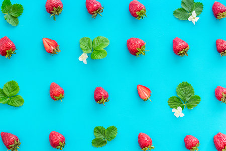 Strawberry pattern with leaves. Food berries flat lay top view