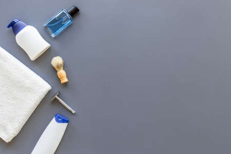 Male cosmetics for bady care grooming and shaving. Layout top viewの写真素材