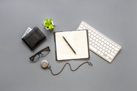 Layout on business man office table top with male accessories