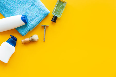 Cosmetic care products for men. Flat lay, top view