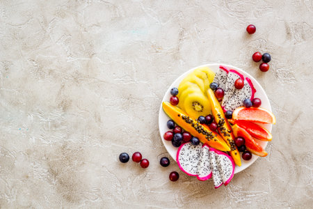 Group of tropical fruits in plate. Exotic breakfast with mango and dragon fruit. Top view