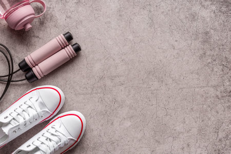 Female sport shoes clothing and equipment set. Layout, Top viewの写真素材