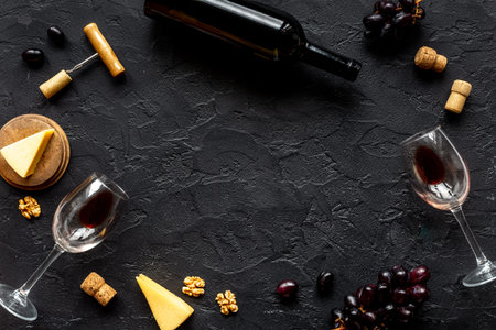 Set of wine bottle with glasses corkscrew and grape