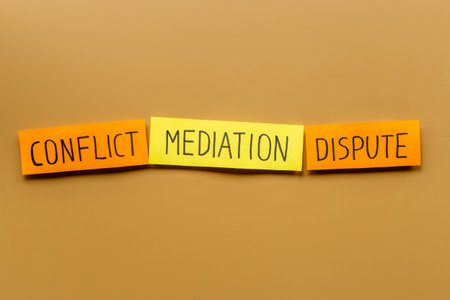Mediation prosses in business. Word mediation on office table, top view