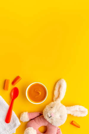 Baby fruits vegetables food with milk bottle and toyの写真素材