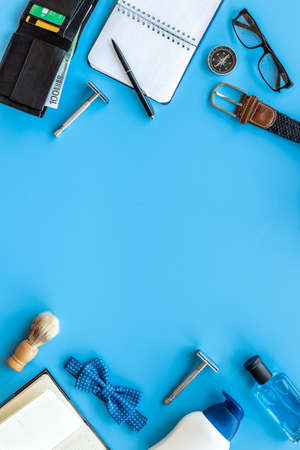 Layout on business man office table top with male accessoriesの写真素材