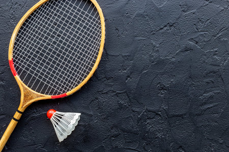 Sports eguipment of badminton racket and shuttlecock, top viewの写真素材