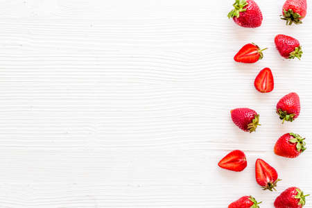 Strawberry pattern with leaves. Food berries flat lay top viewの写真素材
