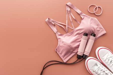 Workout athlete set with sport shoes and clothing. Top viewの写真素材