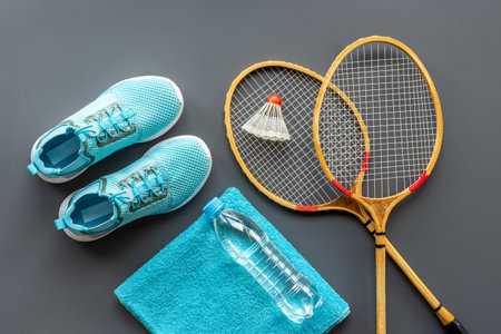 Sports equipment set with badminton rackets and sneakers