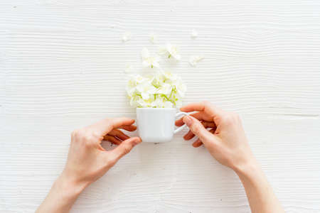 Jasmine fall into a cup. Herbal tea concept. Floral backgroundの写真素材