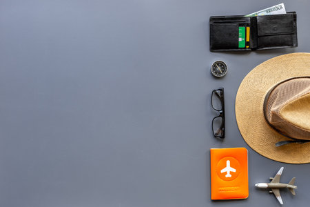 Man traveler outfit vacation layout. Male accessories top viewの写真素材