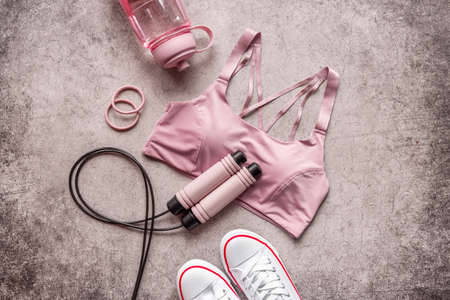 Layout fitness sport set with sport shoes clothing and equipmentの写真素材