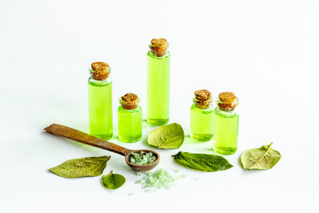 Tea tree aroma essential oil with tea salt with green leaves