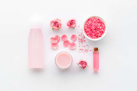Set of roses cosmetic products with essential oil and liquid for skin careの写真素材