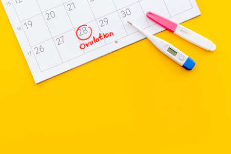Ovulation home test and thermometer on calendar with red markの写真素材