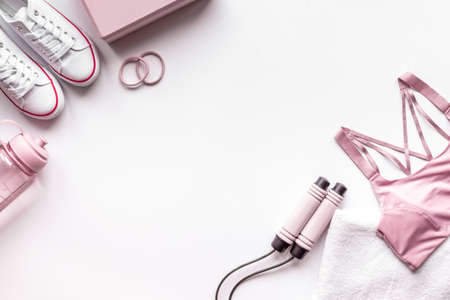 Layout fitness sport set with sport shoes clothing and equipmentの写真素材