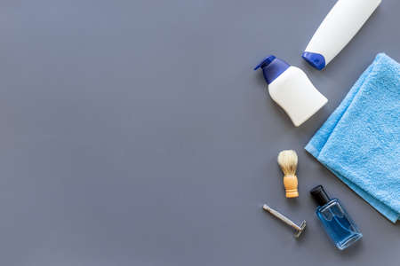 Flat lay of male cosmetic products for men body care grooming and shavingの写真素材