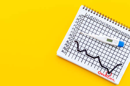 Basal ovulation temperature chart with thermometer, top viewの写真素材