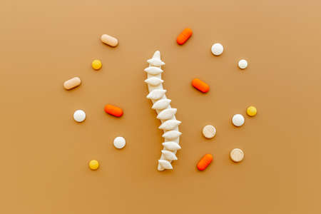 Anatomical spine skeleton with medical pills. Spinal diseases treatment conceptの写真素材