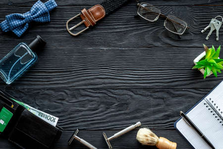 Male accessories layout. Man outfit vacation item for travelerの写真素材