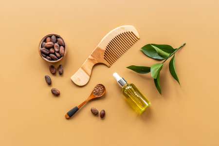 Hair treatment by cocoa oil with hair comb. Top viewの写真素材