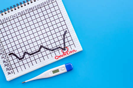 Basal ovulation temperature chart with thermometer, top viewの写真素材