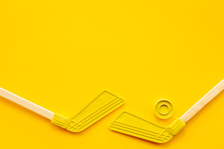 Competitive sports equipment with hockey sticks and puck. Top view